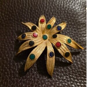 Vintage Kramer of New York‎ Sunburst Brooch Multi-Color Cabochon Gold Tone
